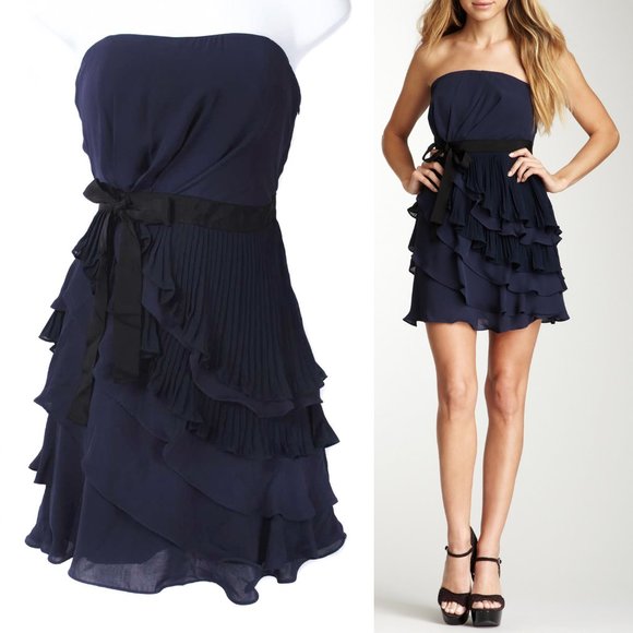 MM COUTURE Navy Blue Chiffon Ruffle Pleated Strapless Party Dress NWT Size S - Picture 1 of 4